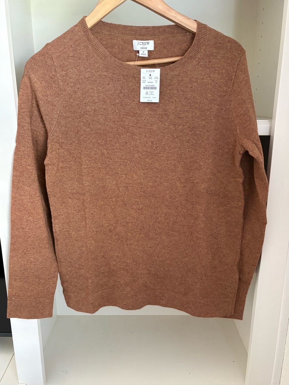 J.CREW Teddie Brown Ribbed Knit Crewneck Lightweight Sweater merino wool blend